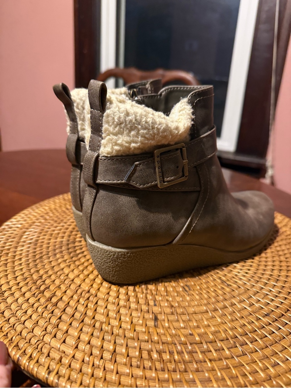 Sporto Taupe Faux Leather Ankle Bootie with Shearling Cuff - Picture 3 of 9